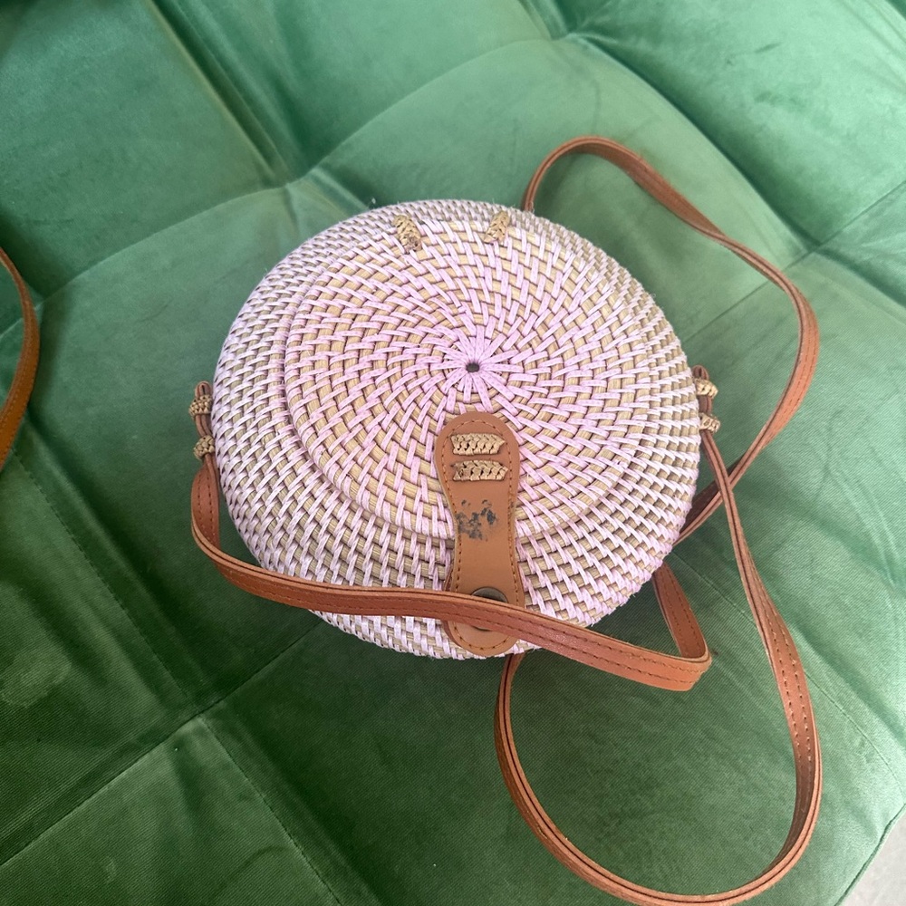 Round Woven Straw Bali Bag with Tan Strap